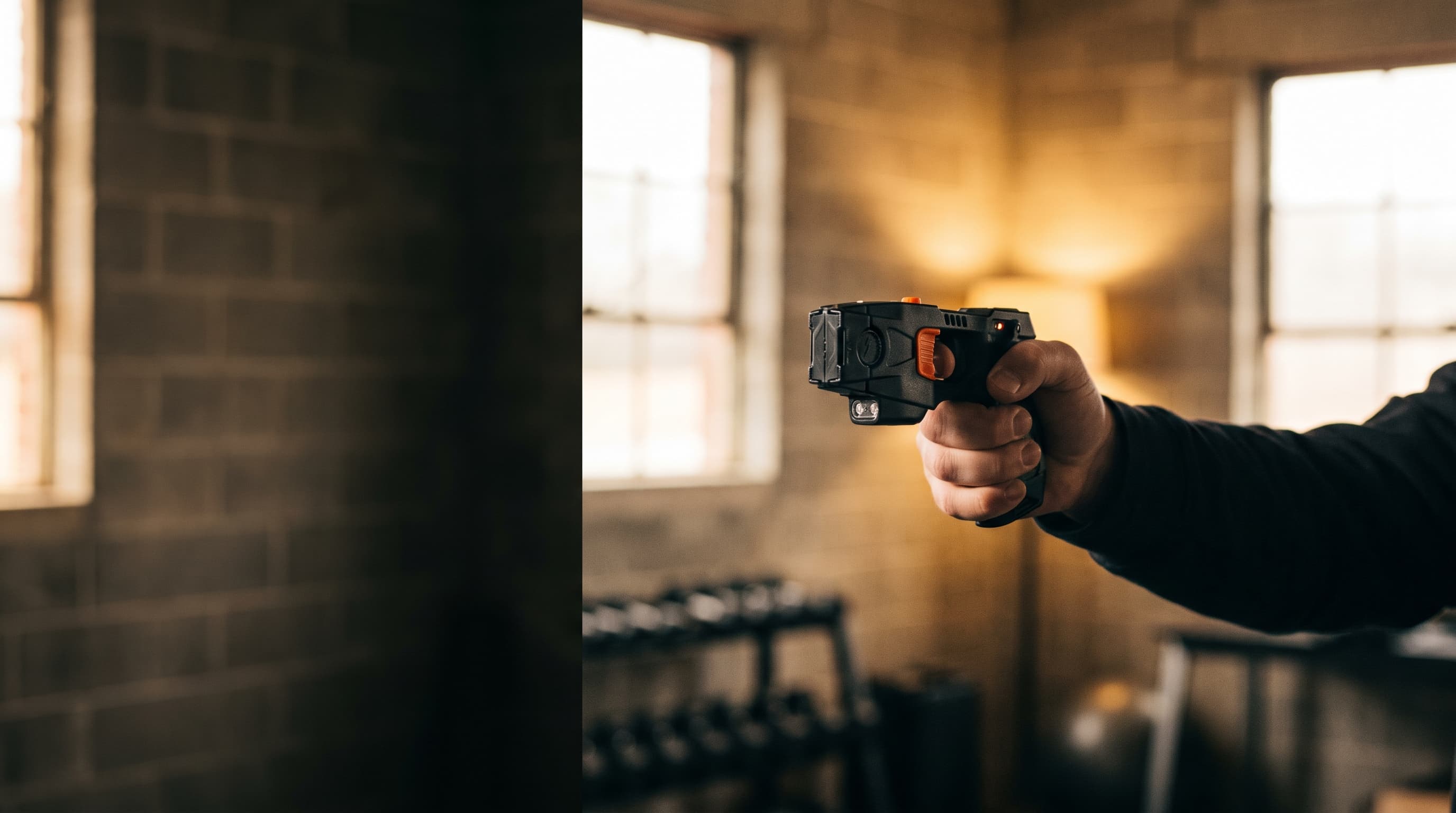 Hands demonstrating a taser during a non-lethal self defense class at Paradigm Firearms Training in Westminster, MD