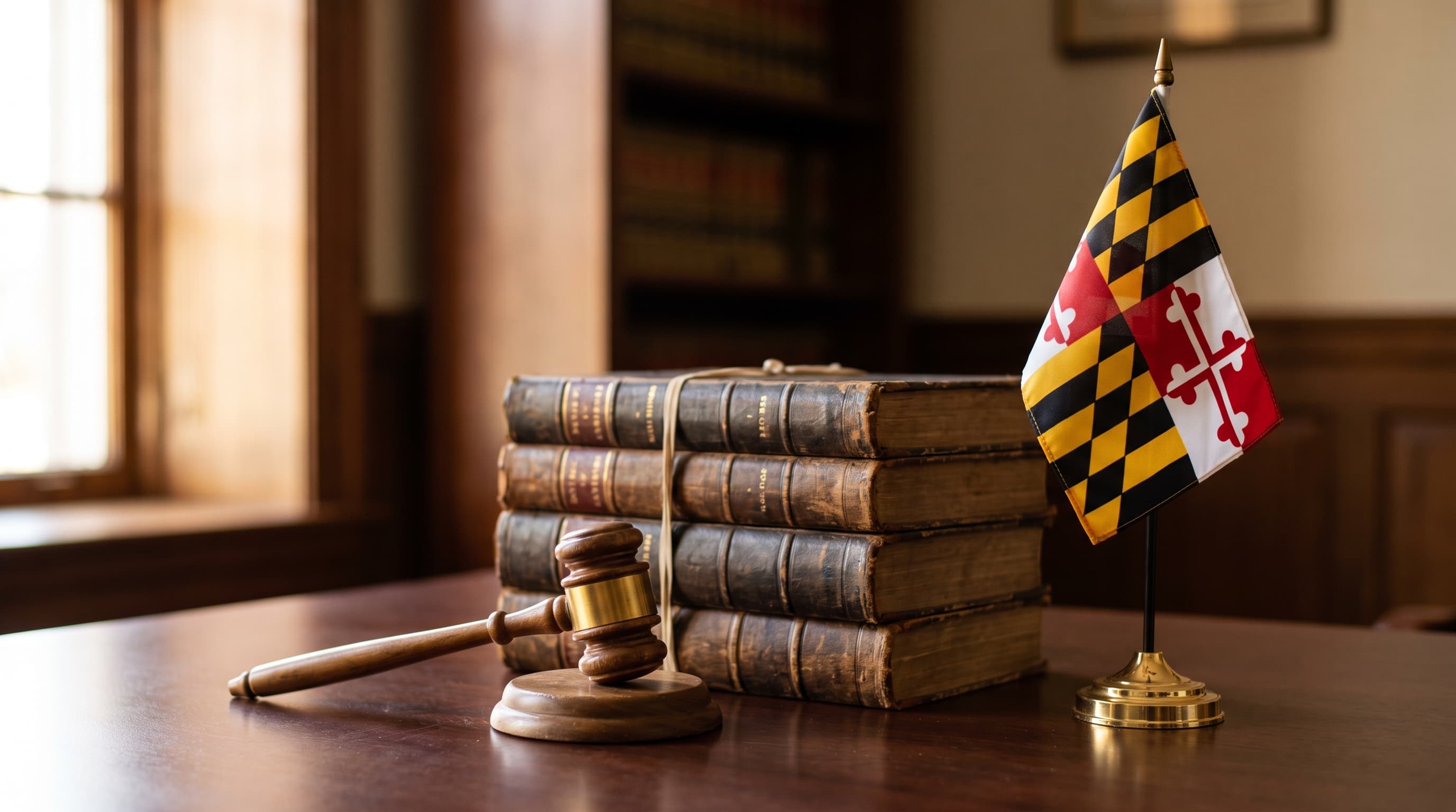 Gavel and Maryland state flag representing self defense law in Maryland