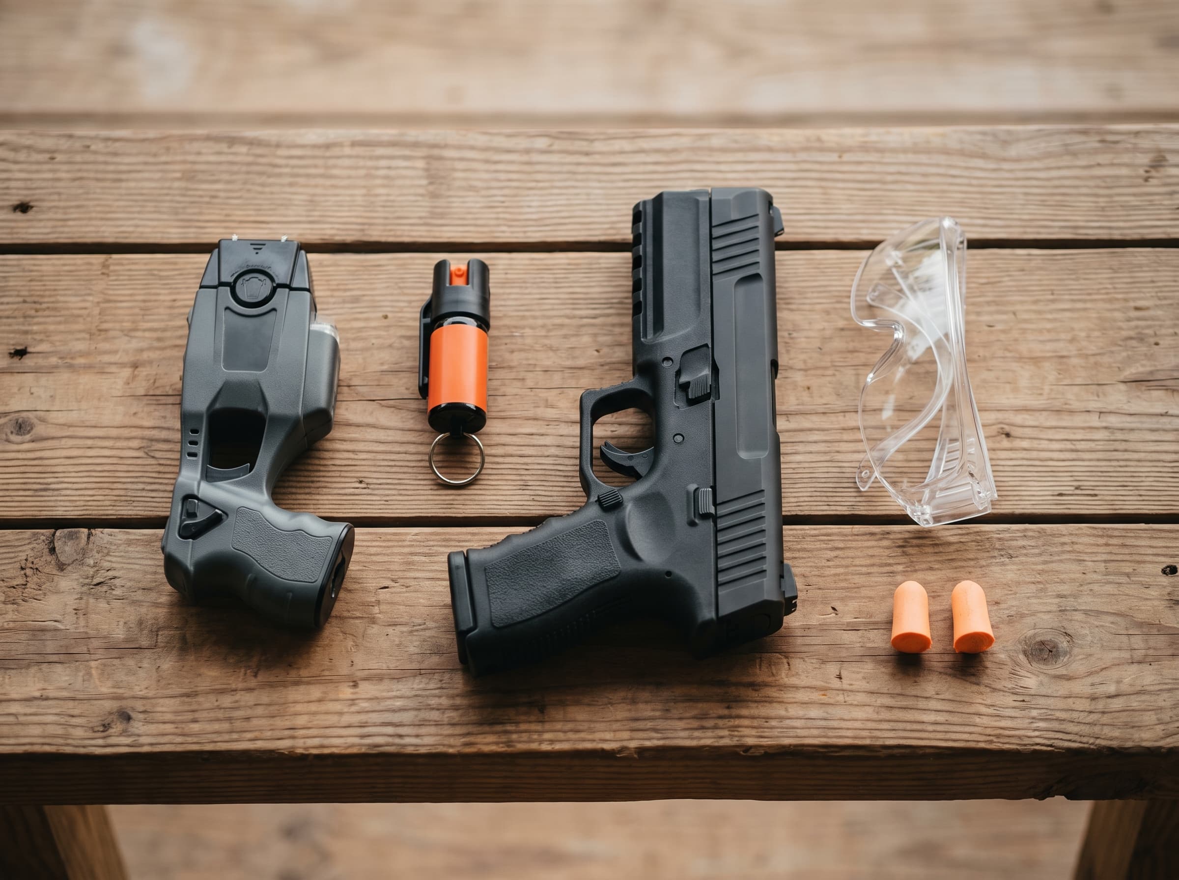 Taser, OC pepper spray, and Byrna launcher laid out with eye protection and ear plugs at Paradigm Firearms Training